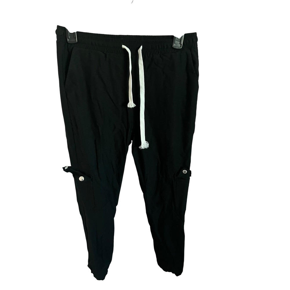 Womens Black Cargo Jogger Pants Elastic Waist Drawstring Tapered Leg Small